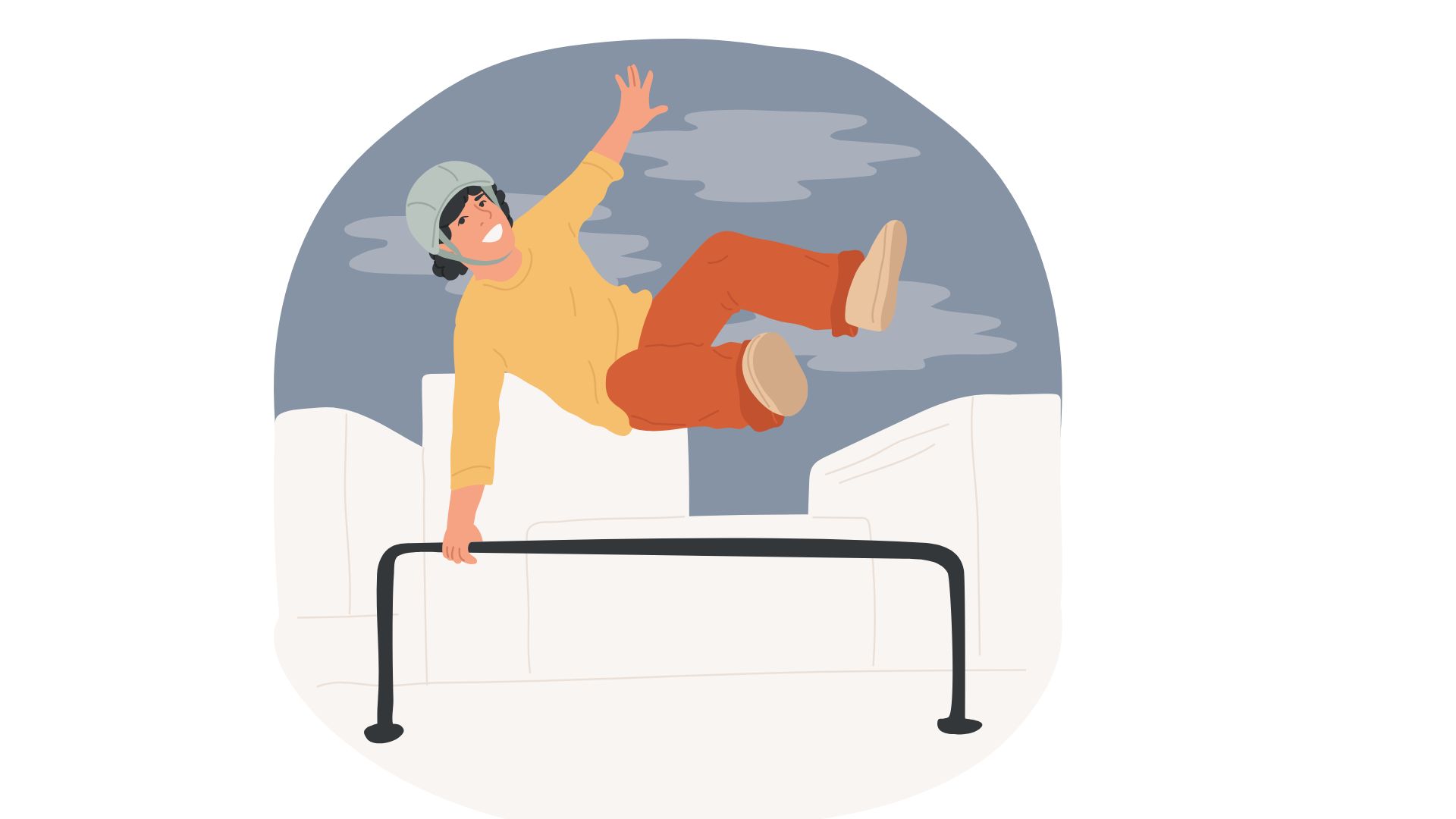 En glad person som håller en hand i ett staket och hoppar över det.