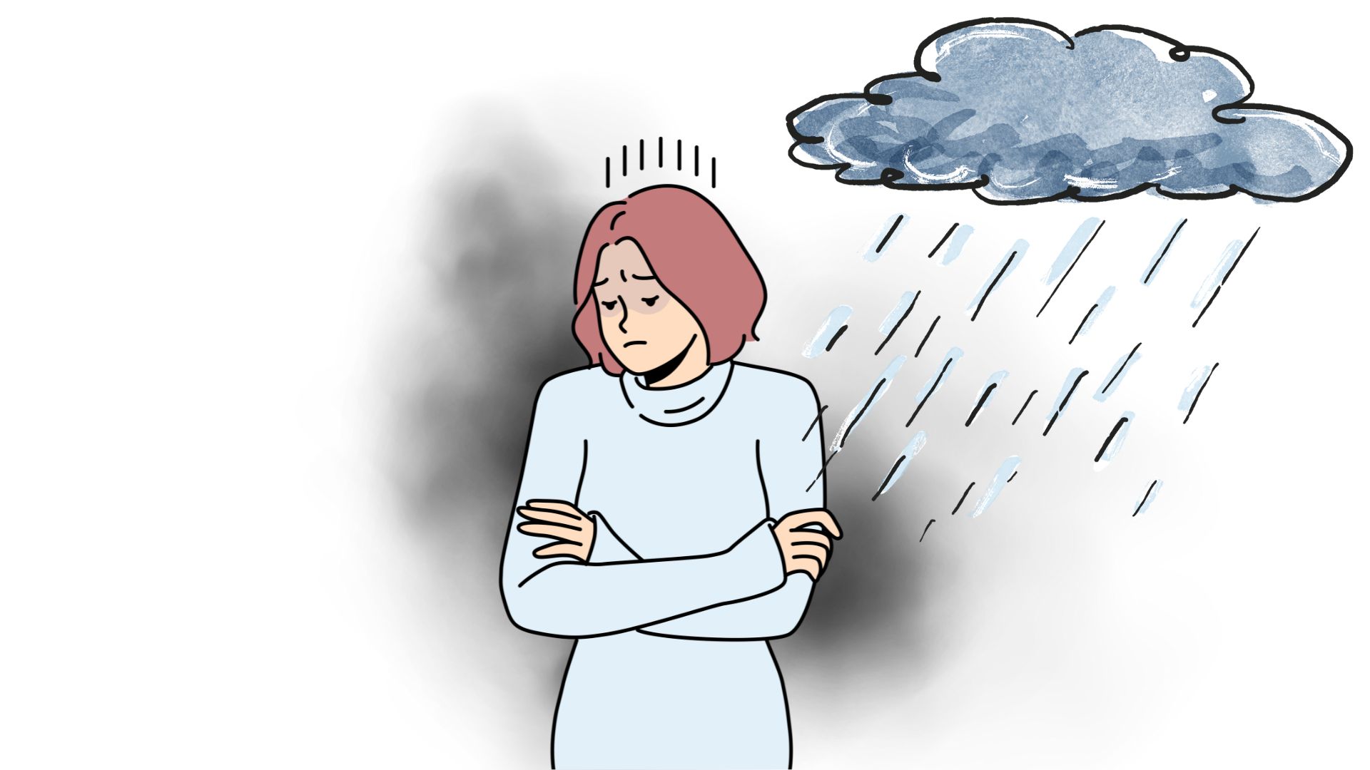 En ledsen person står under ett regnmoln med armarna i kors över bröstet.