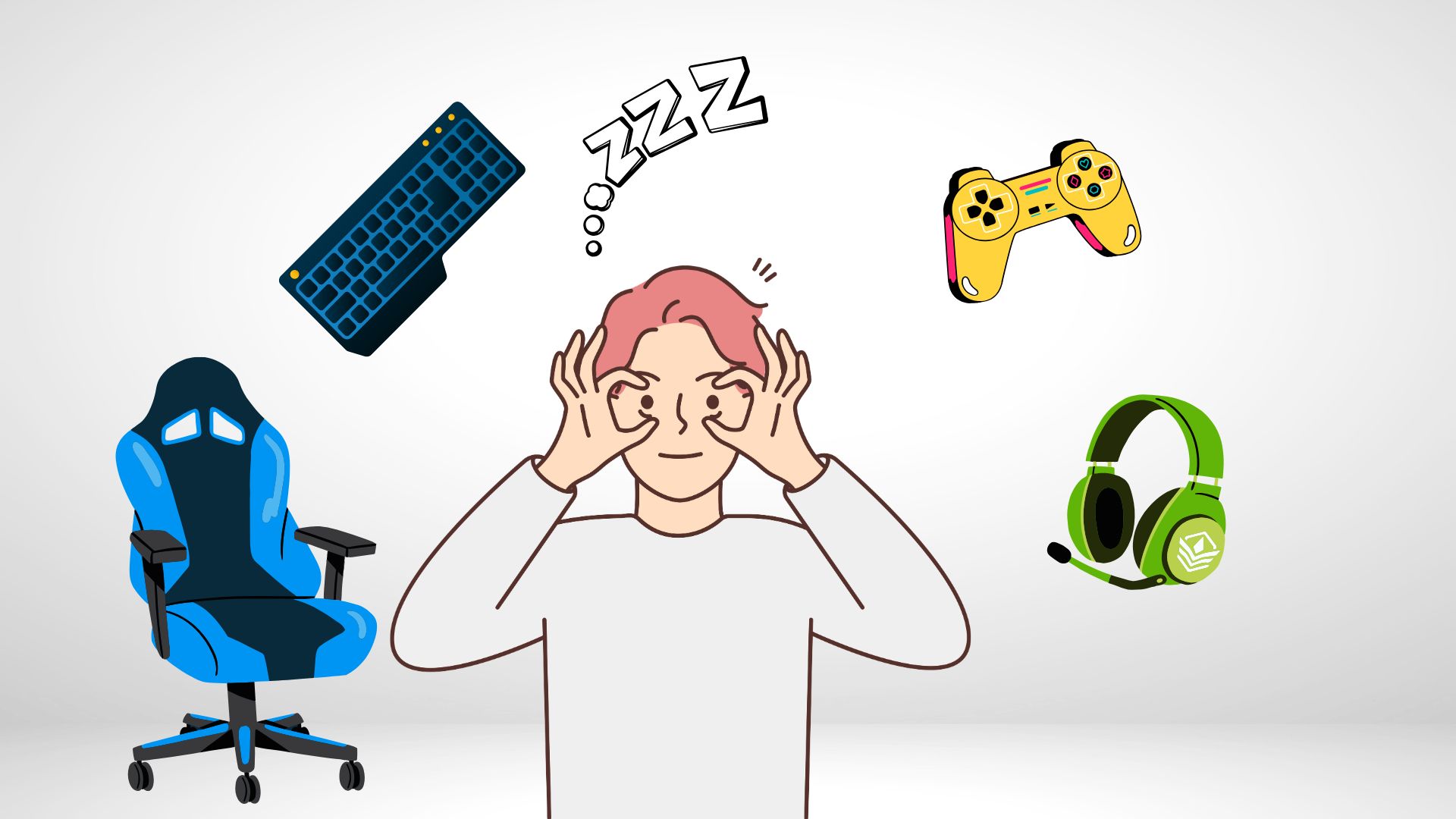 En person håller sina ögon öppna med fingrarna och har bilder av en gamingstol, kontroll, hörlurar och tangentbord runt sig.