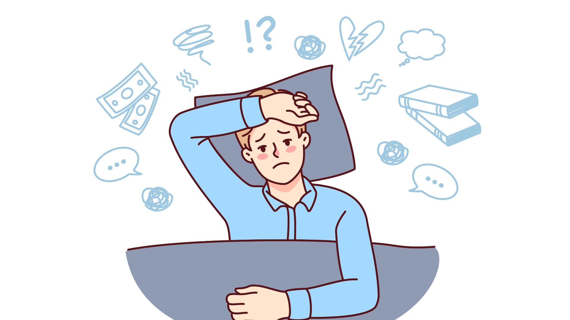 En ledsen person ligger med armen över pannan och har olika symboler runt sig; pengar, böcker, krossat hjärta, frågetecken och utropstecken med mera.