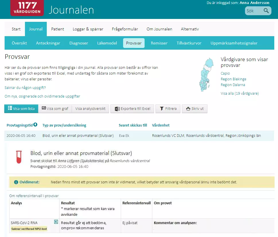 Information om provsvar på fliken Journal i e-tjänsten Journalen på nätet i inloggat läge på 1177.se.  Printscreen.