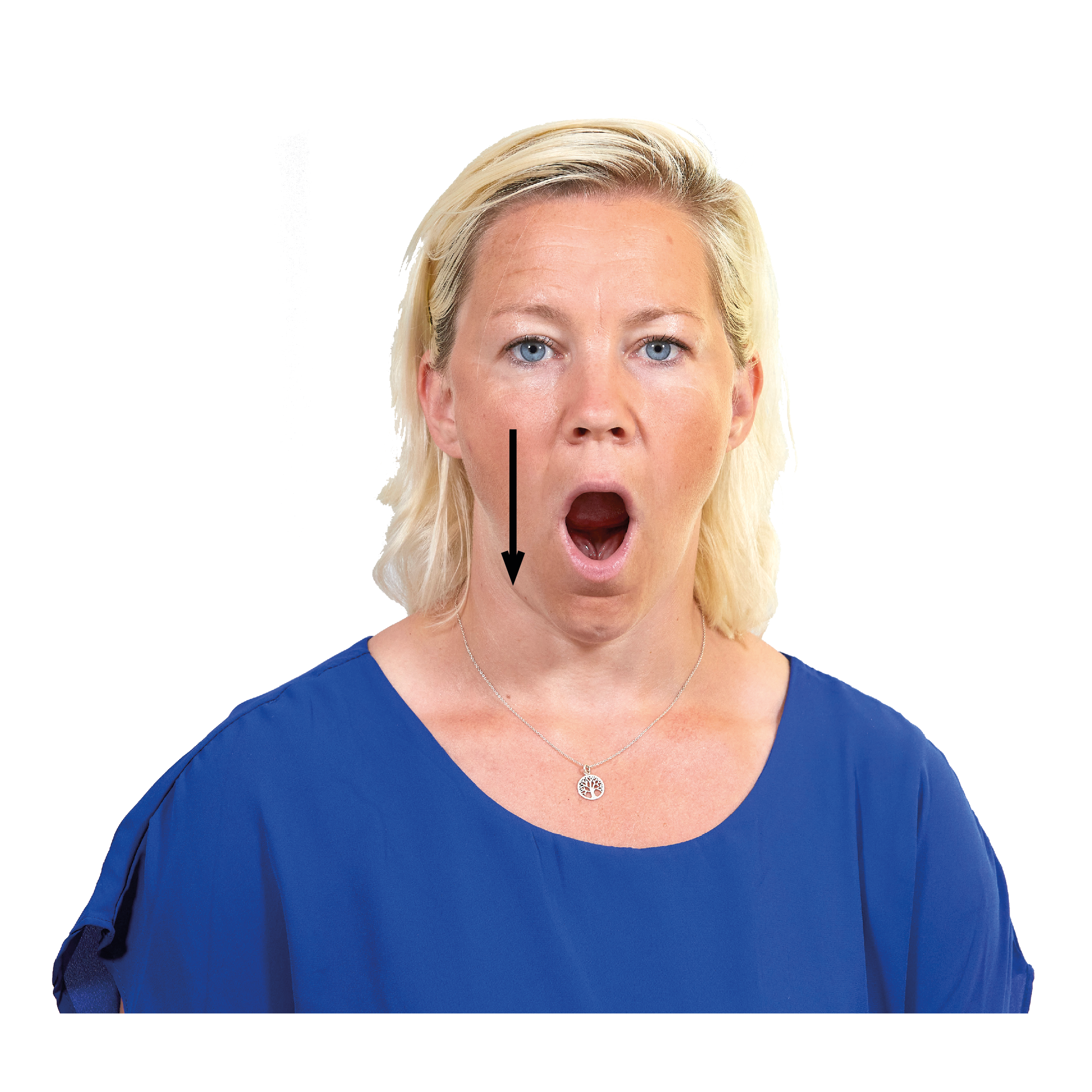 Kvinna tittar in i kameran och gapar stort. 