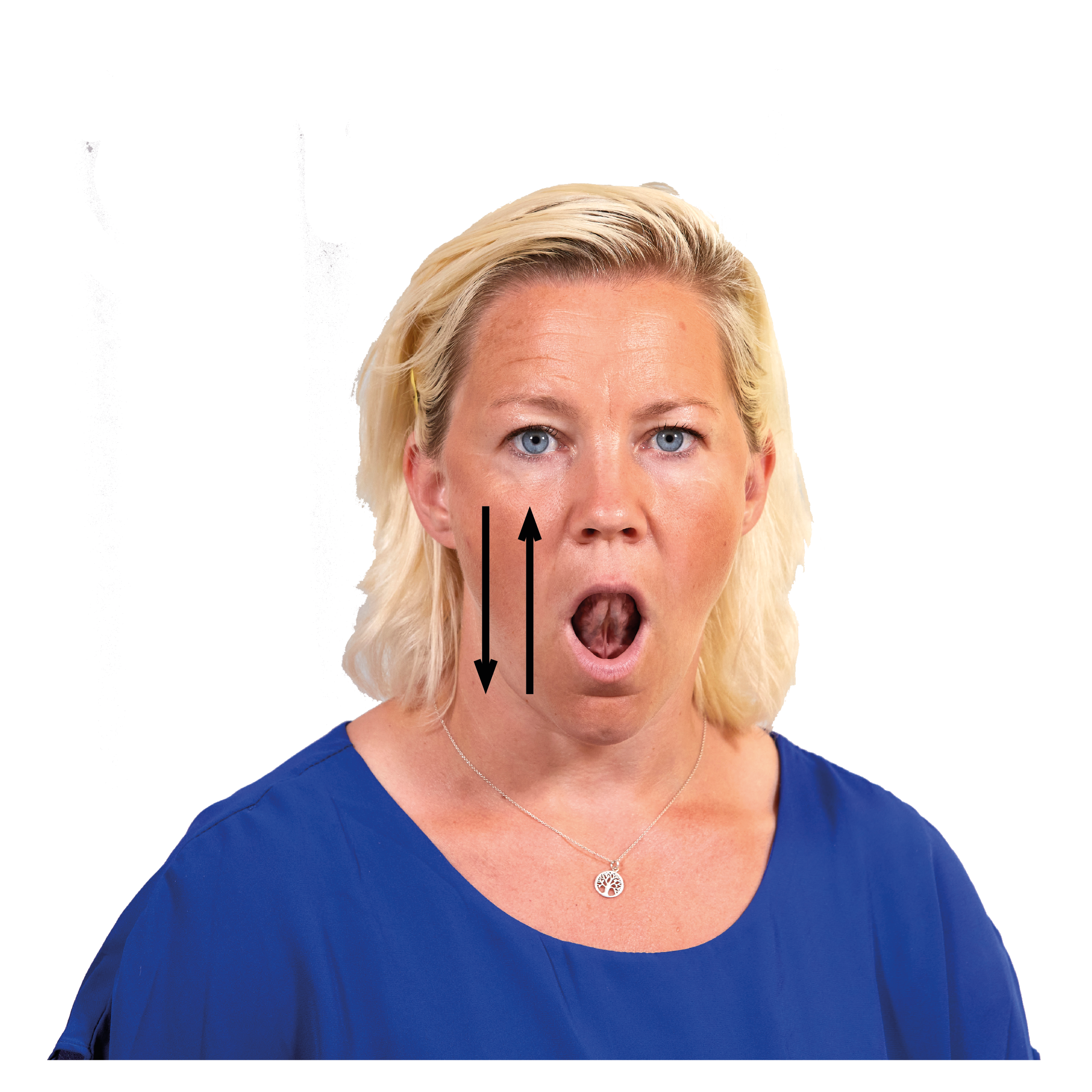 Kvinna som gapar med tungan i gommen. 