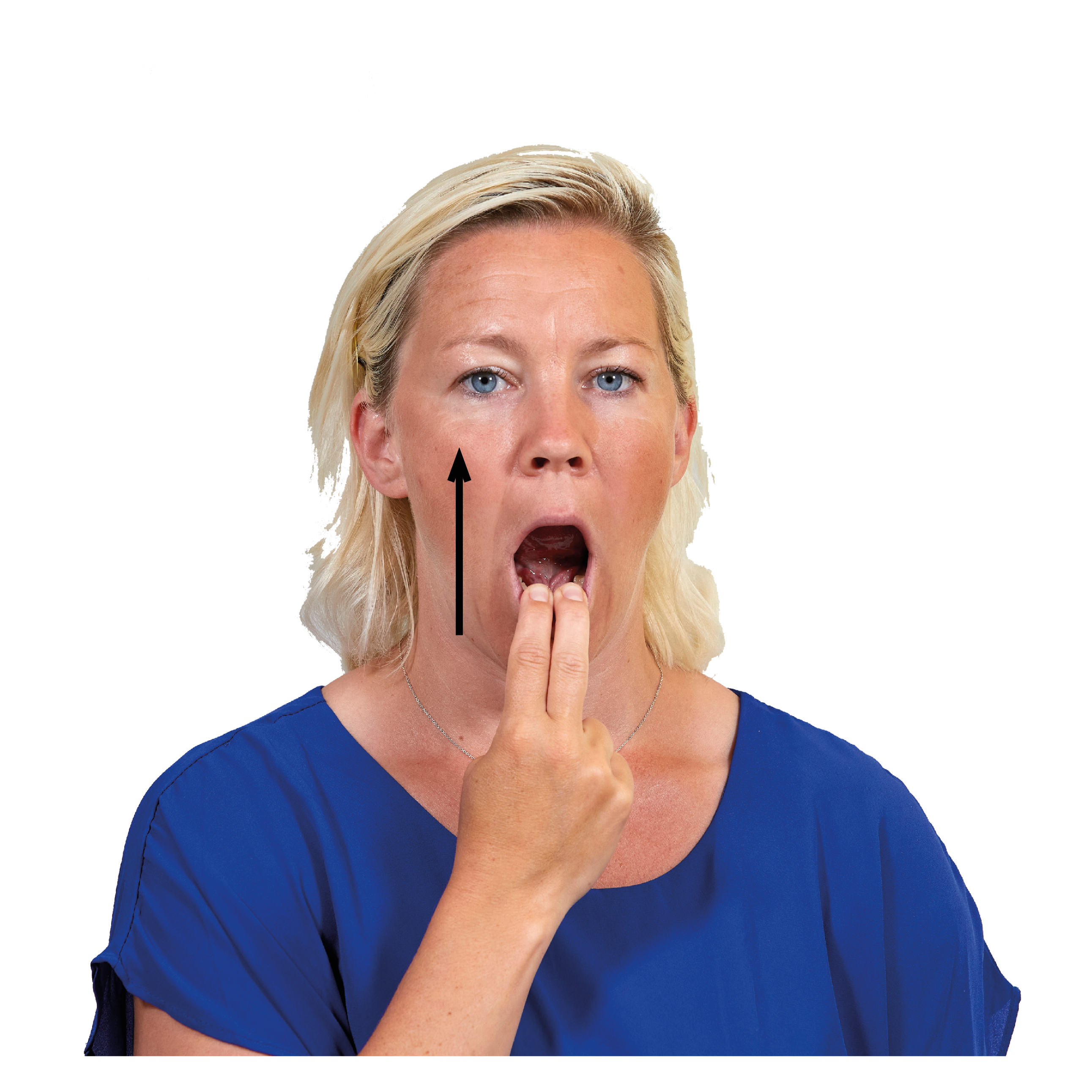 Kvinna gapar med fingrar i munnen. 