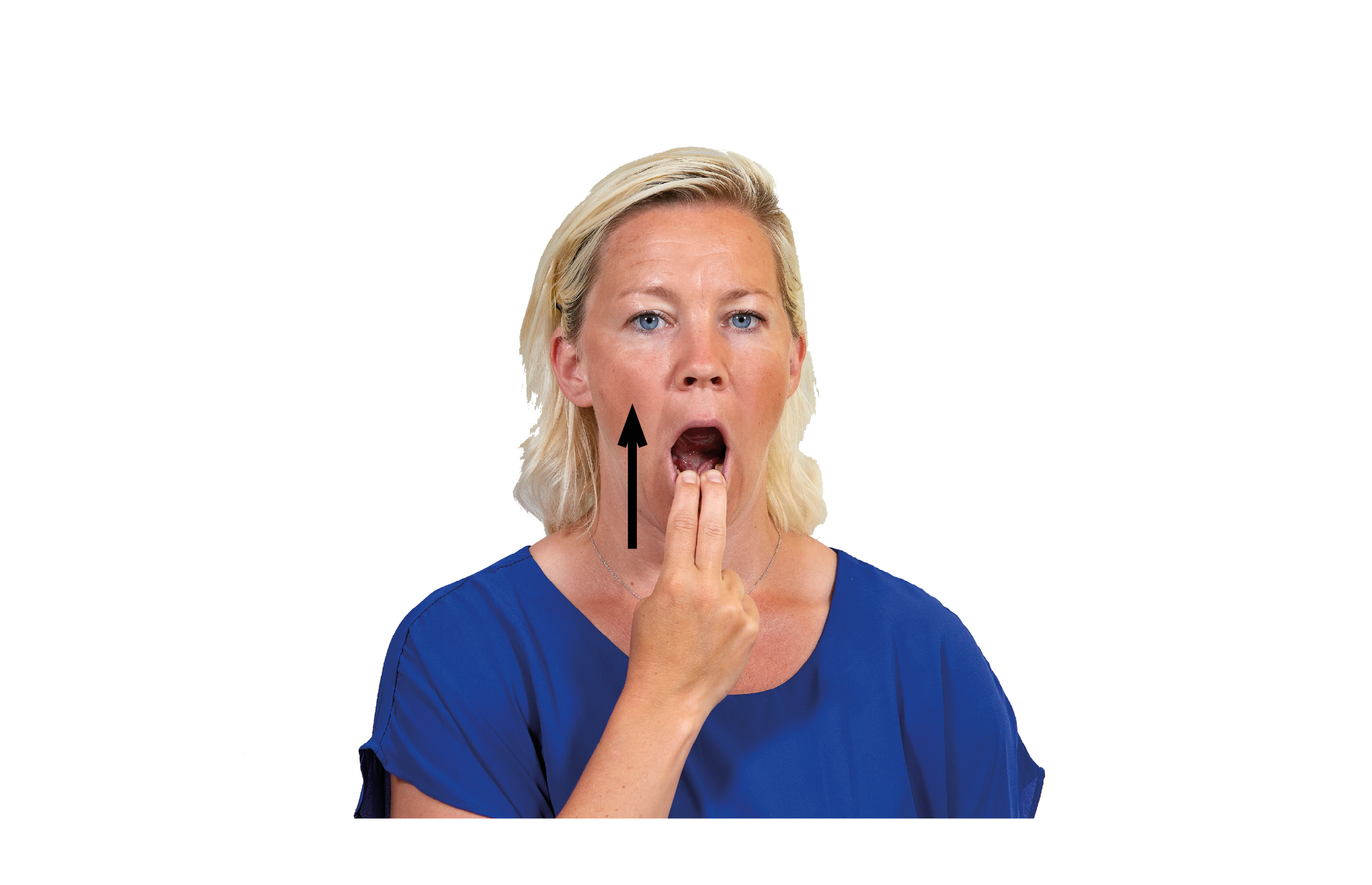 Kvinna gapar och håller två fingrar mot den öppna munnen. 