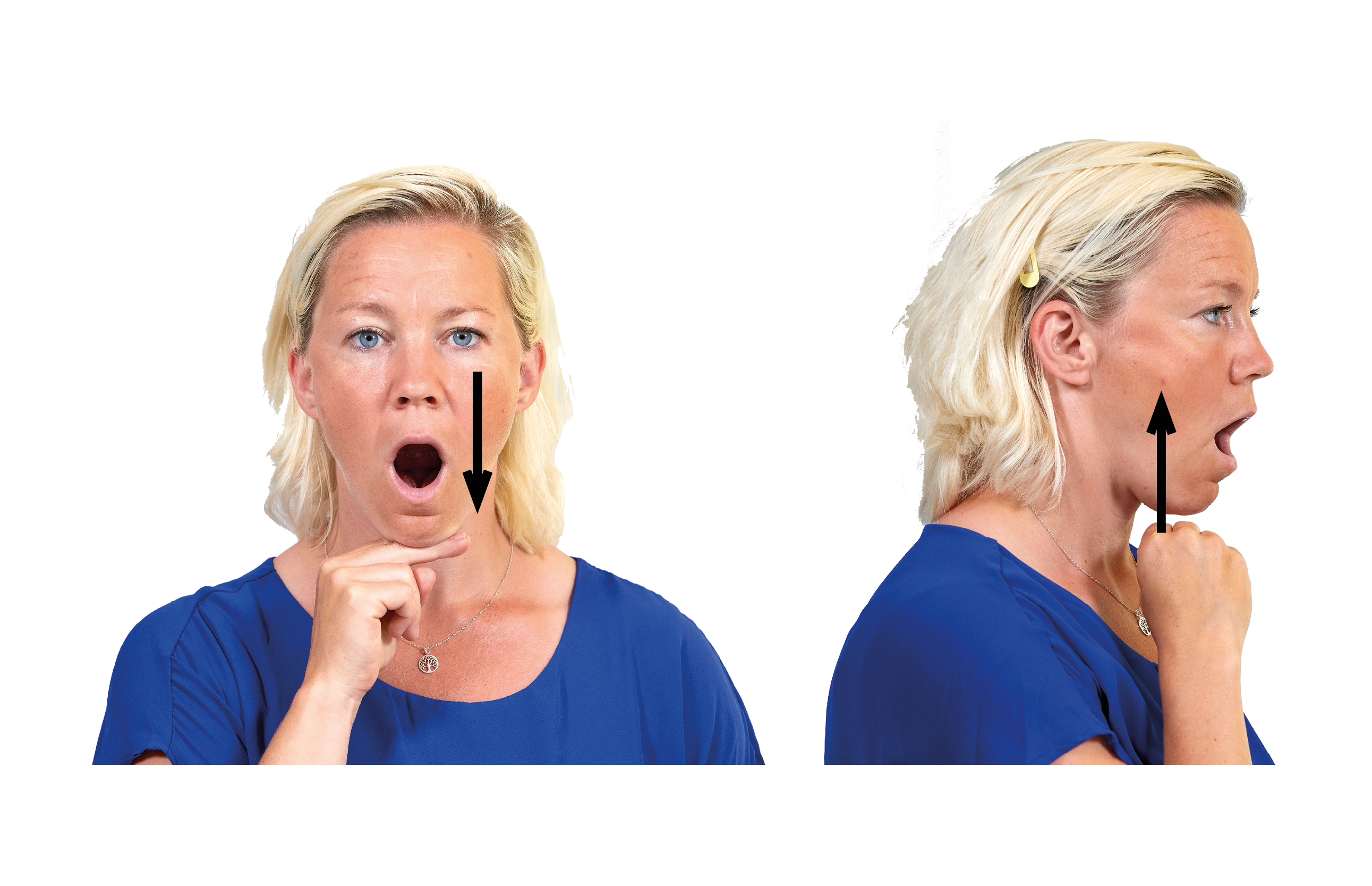 Kvinna rakt framifrån och kvinna i profil håller två fingrar under hakan.