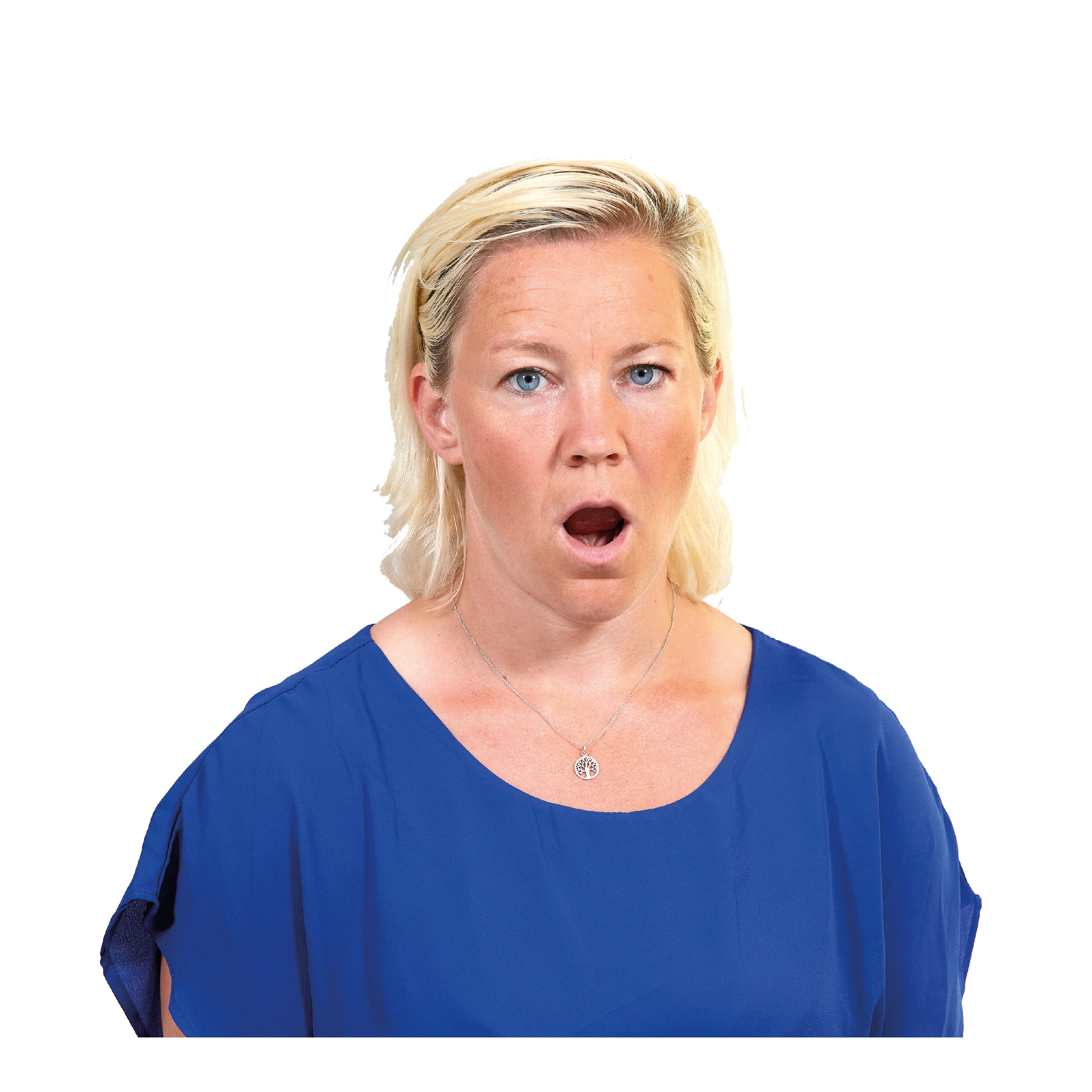 Kvinna gapar stort.
