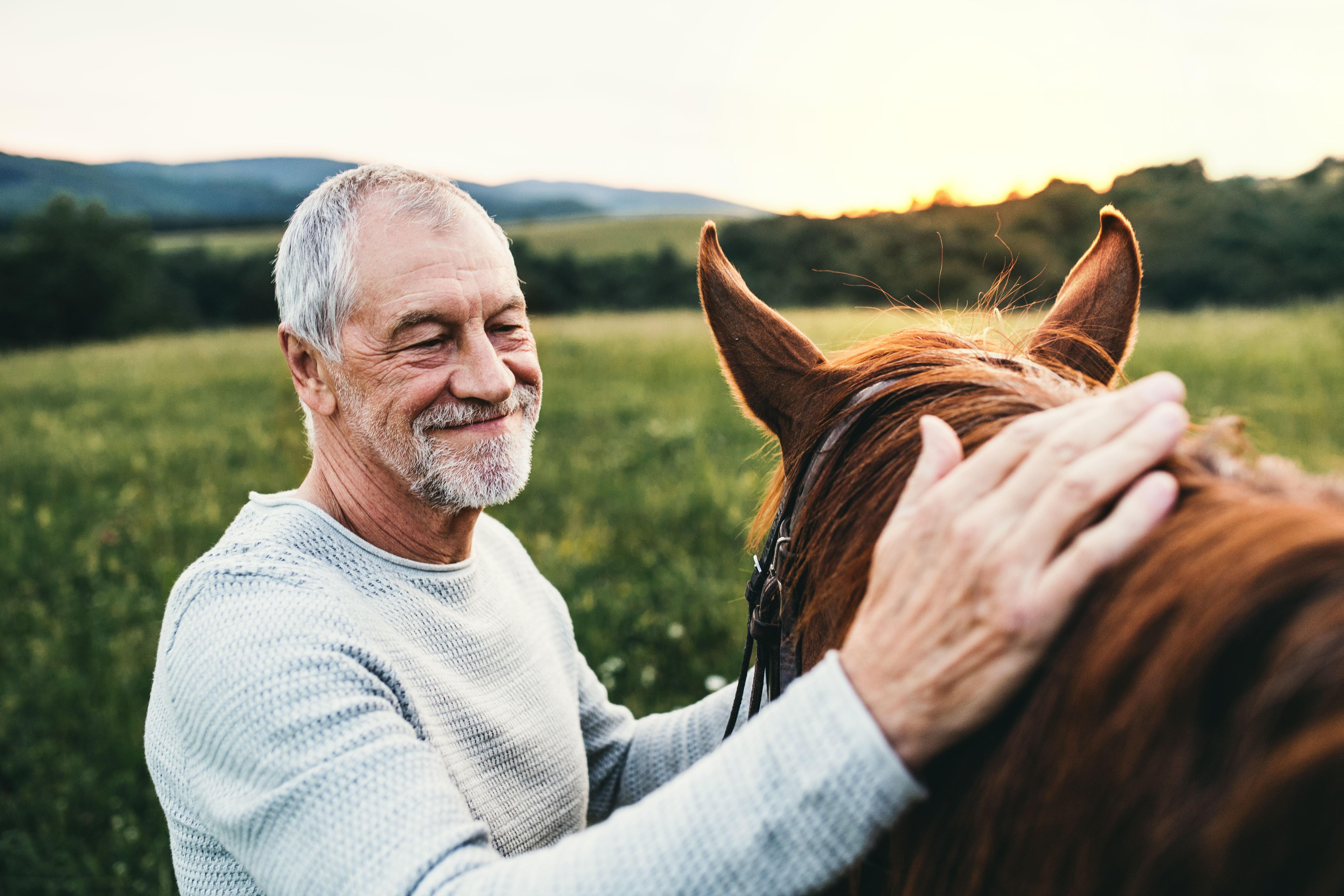 en man med skägg klappar en häst