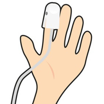 Hand med en apparat på fingret