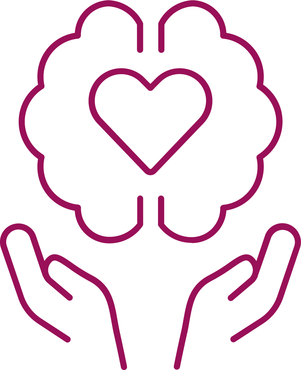 grafisk bild av händer som håller om en hjärna med ett hjärta i mitten