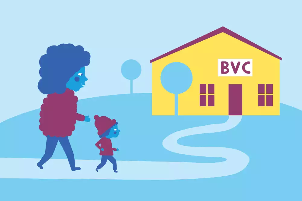 Ett barn och förälder som går till BVC.