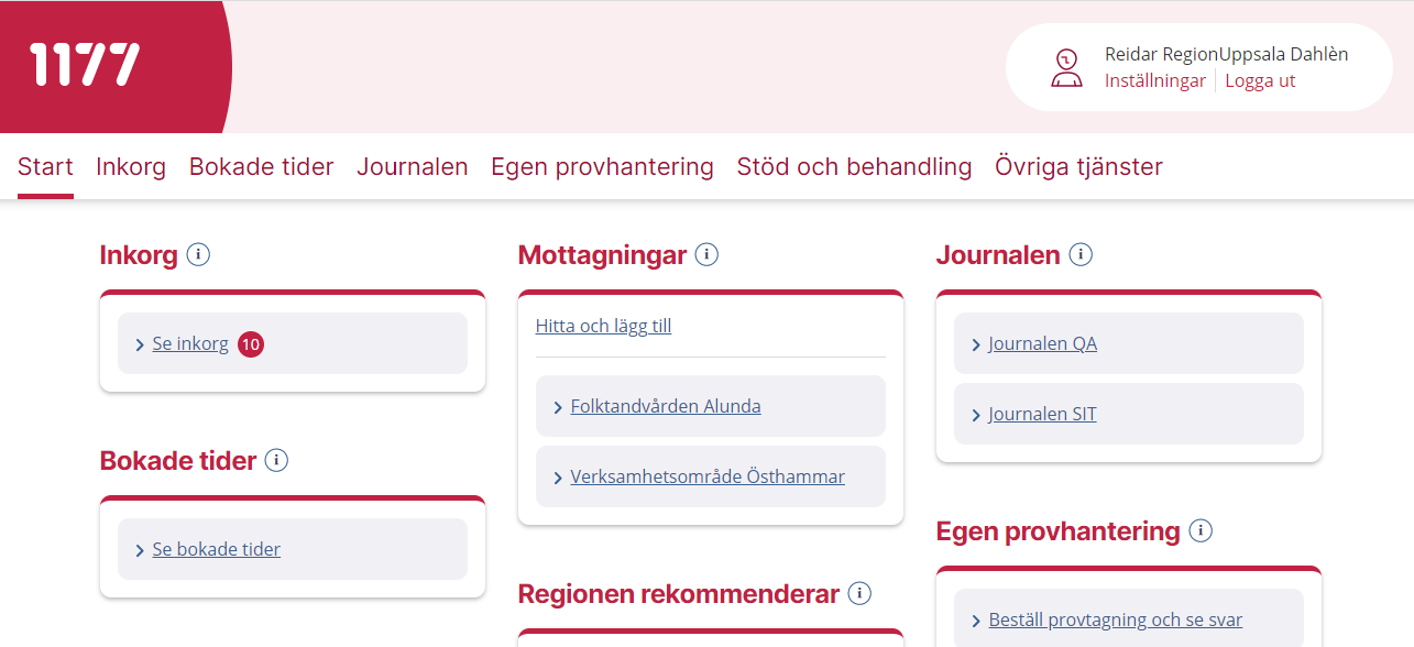 Skärmdump från startsidan när man loggar in på 1177.se. Menyvalet Meddelanden i inkorgen är markerat med en röd ruta.
