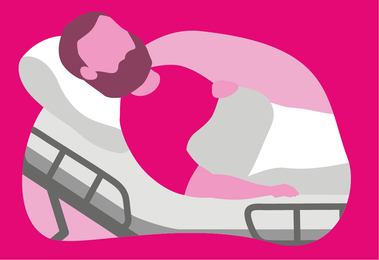 Illustration av en man med skägg som ligger i en sjukhussäng.