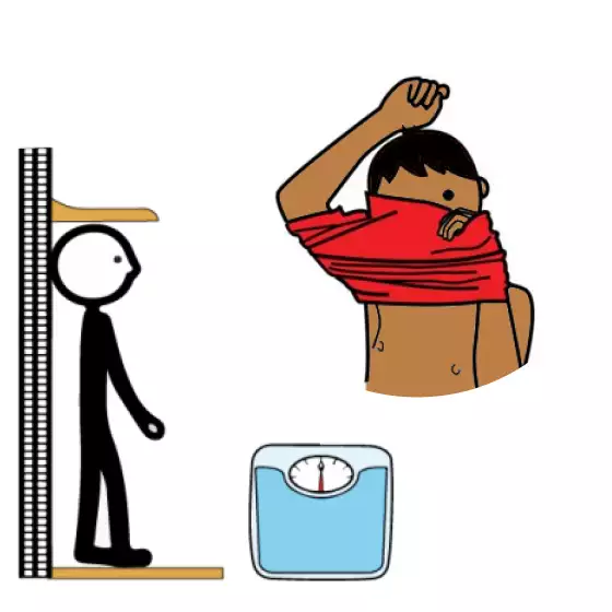 Tre tecknade bilder: Ett barn som tar av sin tröja, ett barn som mäter sin längd och en våg.