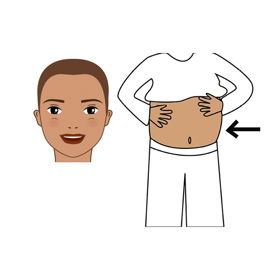 Tecknad bild på ett barn som pekar med sina händer på sin mage.