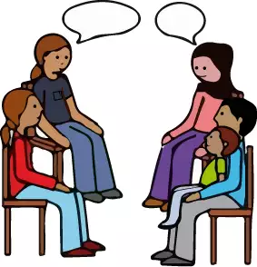 Tecknad bild av två vuxna och tre barn i olika åldrar som sitter på stolar i en ring. De pratar med varandra.