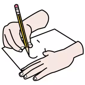 Tecknad bild på två händer som håller i en penna och ritar en streckgubbe.