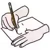Tecknad bild på två händer som håller i en penna och ritar på ett papper.
