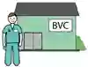 Tecknad bild på BVC-huset. Framför huset står en sjuksköterska med gröna kläder.