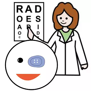 Tecknad bild på ett barns huvud. På ett öga sitter en lapp. I bakgrunden står en  sjuksköterska som pekar på en tavla med bokstäver.