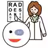 Tecknad bild på ett barns huvud. På ett öga sitter en lapp. I bakgrunden står en  sjuksköterska som pekar på en tavla med bokstäver.