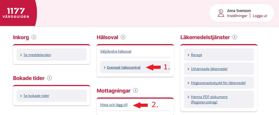 Instruktion om hur du väljer mottagning i inloggat läge på 1177.se. Skärmbild.