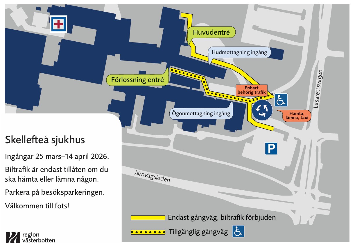 Karta på Skellefteå sjukhus som visar hur arbetet påverkar dig som ska besöka sjukhuset.
