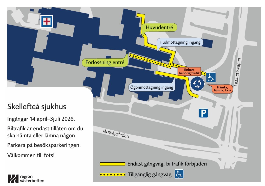 Karta på Skellefteå sjukhus som visar hur arbetet påverkar dig som ska besöka sjukhuset.