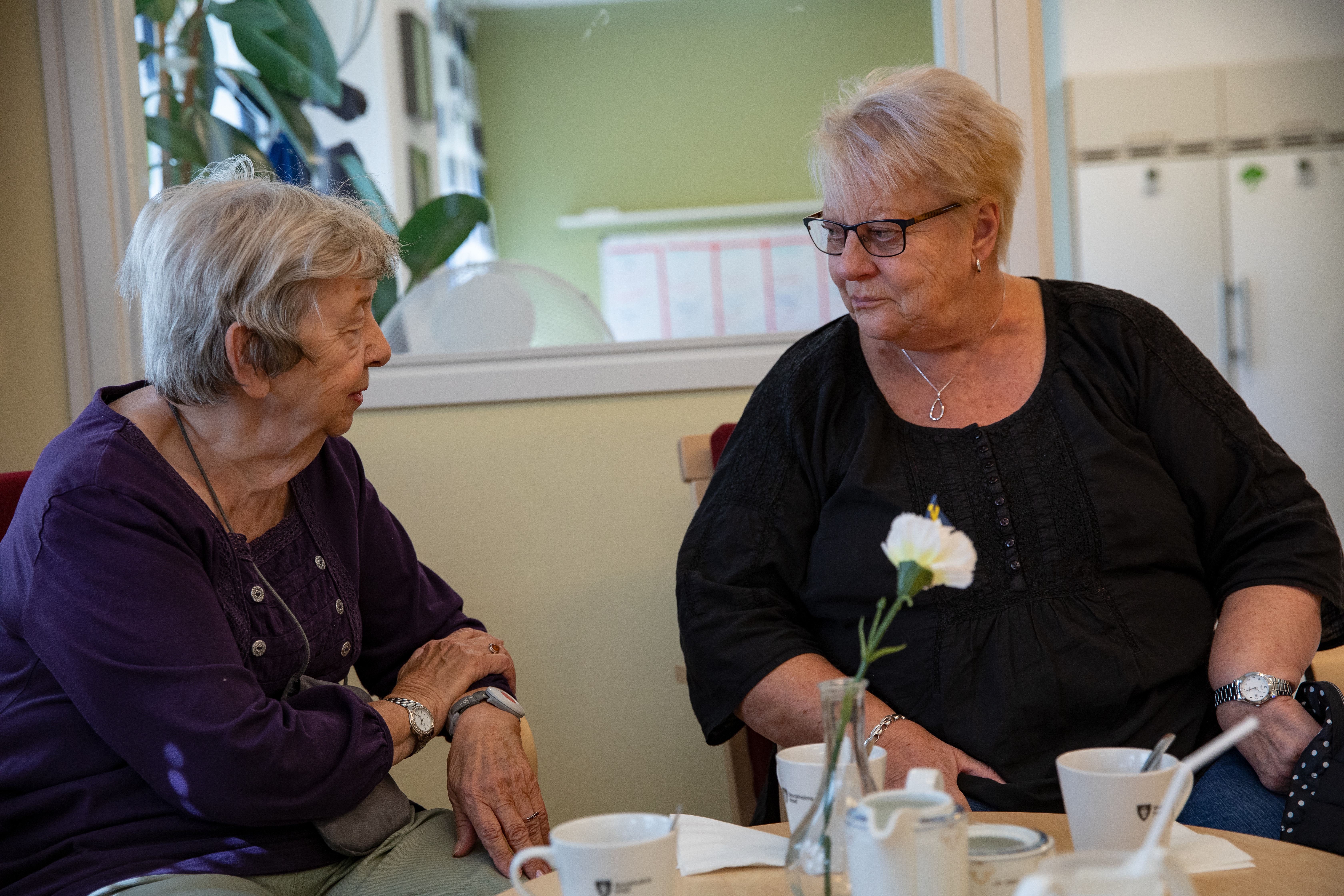 Två äldre damer som samtalar vid fikabord