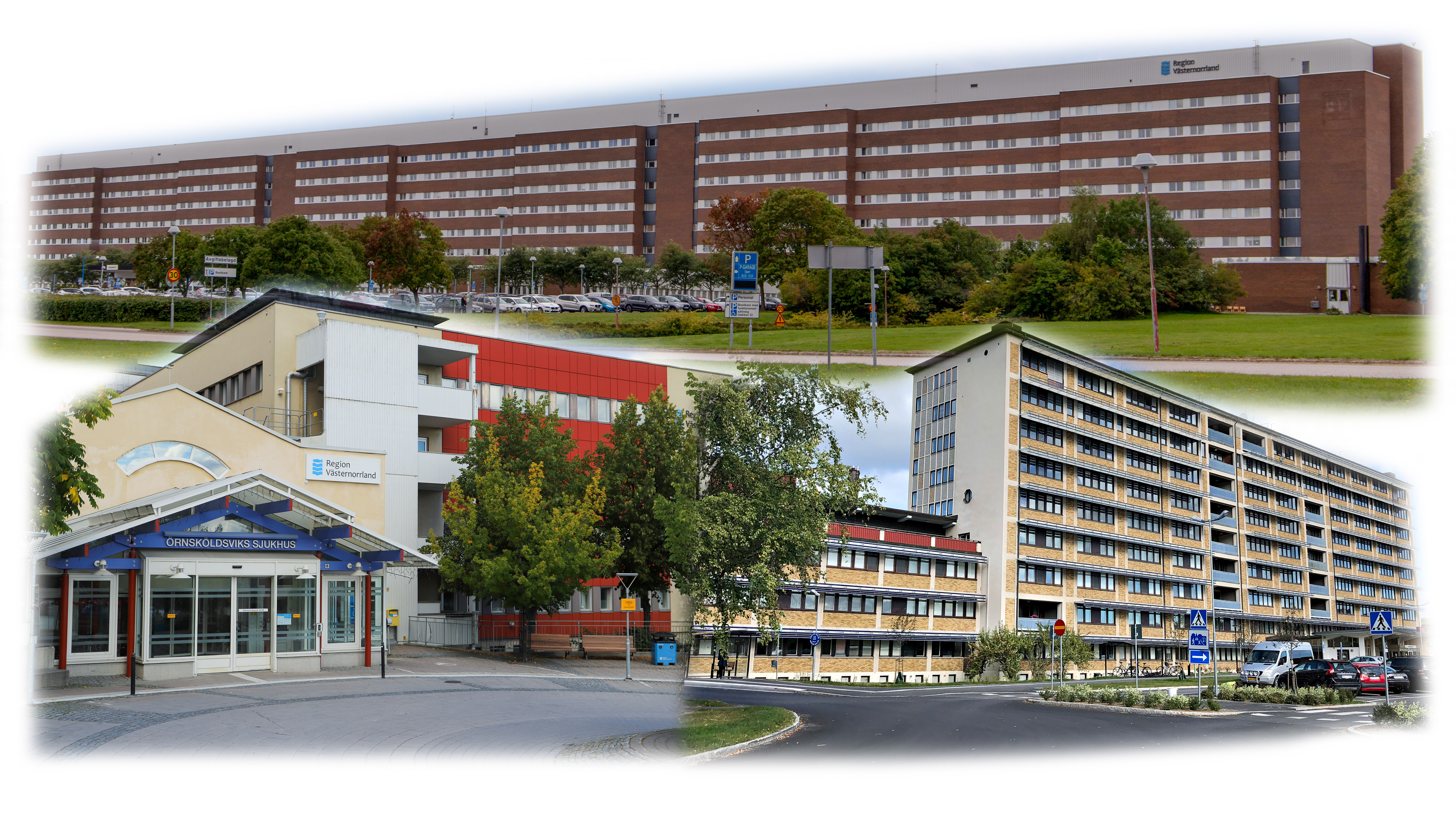Collagebild med våra tre sjukhus i regionen