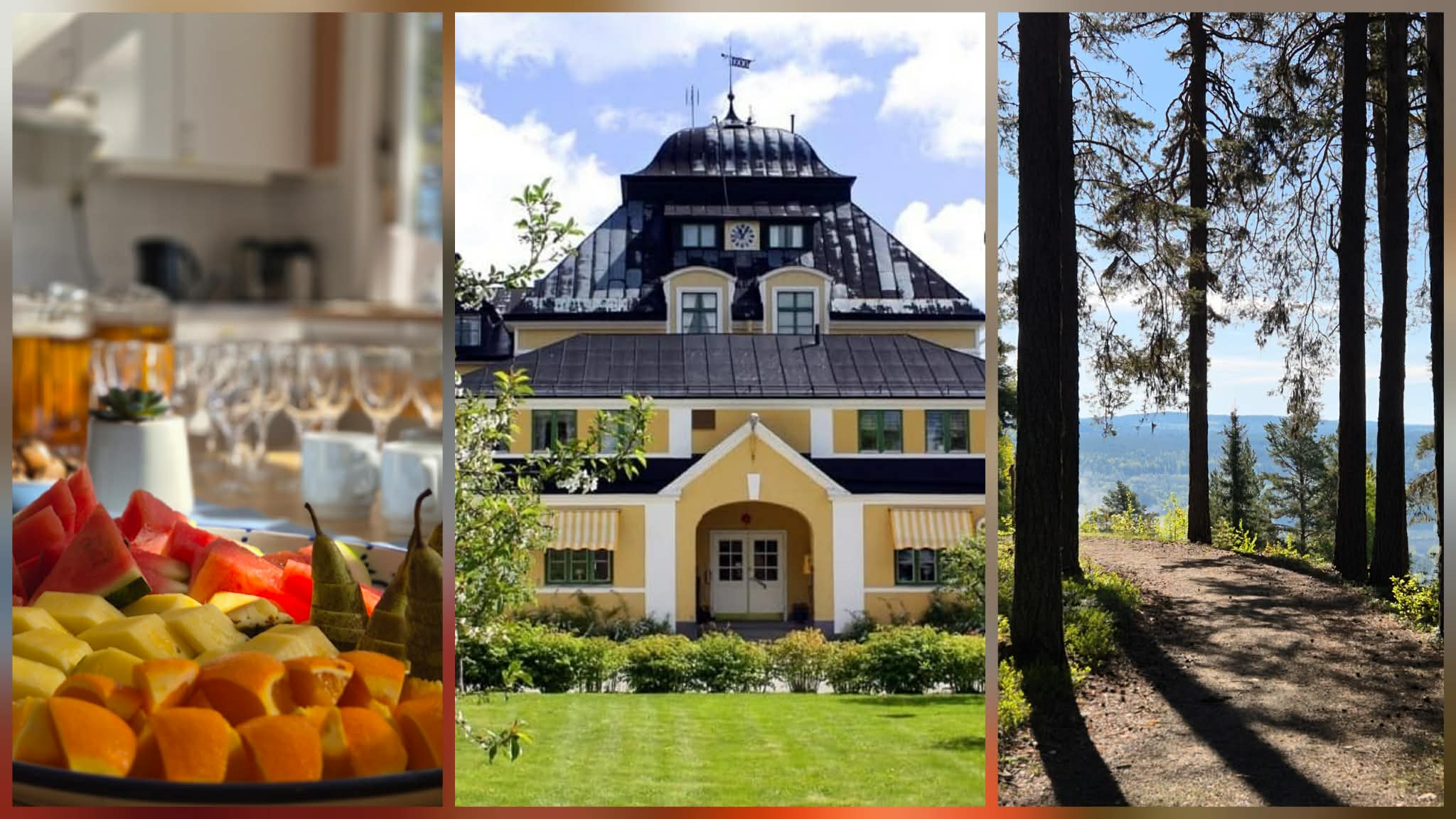Collagebild med fruktbricka, Österåsens hälsohem och skogsdunge med skugga över stig.