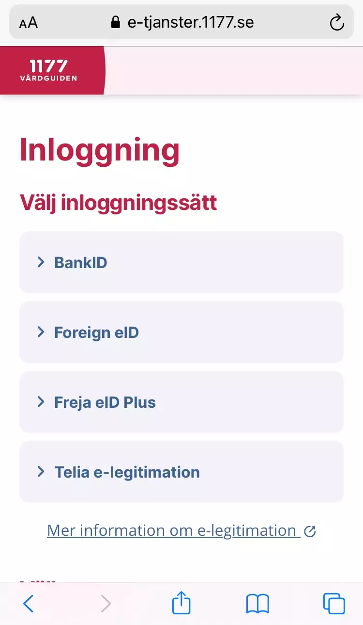 Olika typer av inloggningssätt presenteras: Bank-id, Freja e-id med flera.