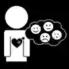 En tecknad människa med ett hjärta och en tankebubbla med ansikten med olika känslouttryck