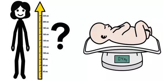 Ett barn bredvid en mätsticka och en baby på en våg